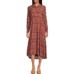 A Loves A Paisley Collared, Long-Sleeve Tiered Midi Shirt Dress Size Large